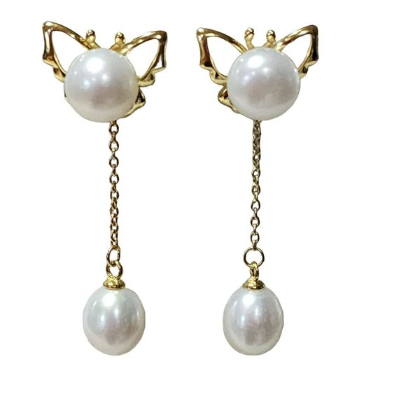 18K Gold Plated Reversible Butterfly With White Freshwater Pearl Dangle Earrings - Picture 4 of 14